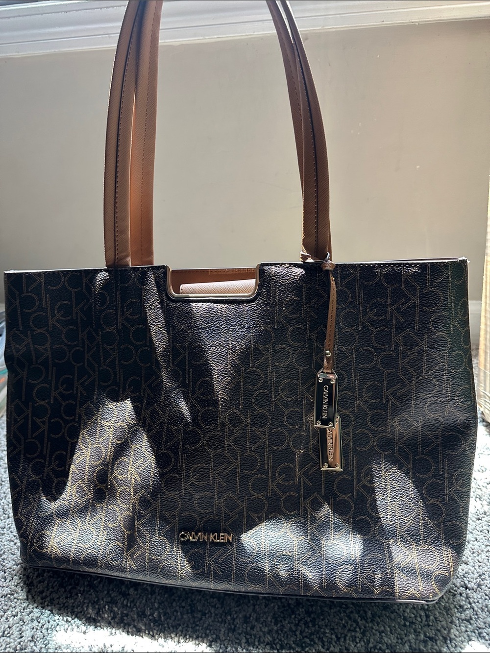 Calvin Klein Dark Brown Monogram Tote with Tan Straps NWOT - Picture 2 of 11